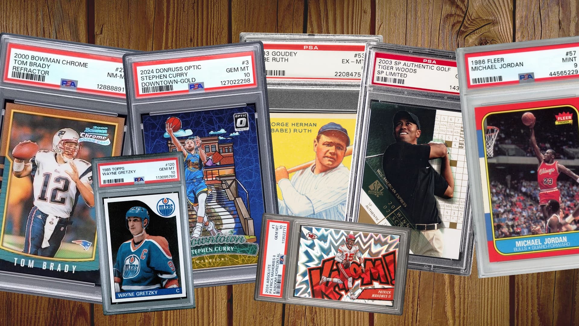 Premium graded trading cards including Tom Brady, Stephen Curry, Babe Ruth, Tiger Woods, Michael Jordan, and Wayne Gretzky